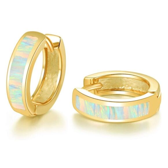 14K Yellow Gold with Genuine White Fire Opal Huggie Hoop Snap Hinge Earrings - Picture 1 of 4
